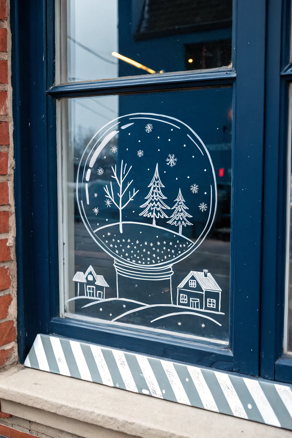 Cozy snow globe window drawing with crisp white lines and warm glow, minimalist holiday charm.