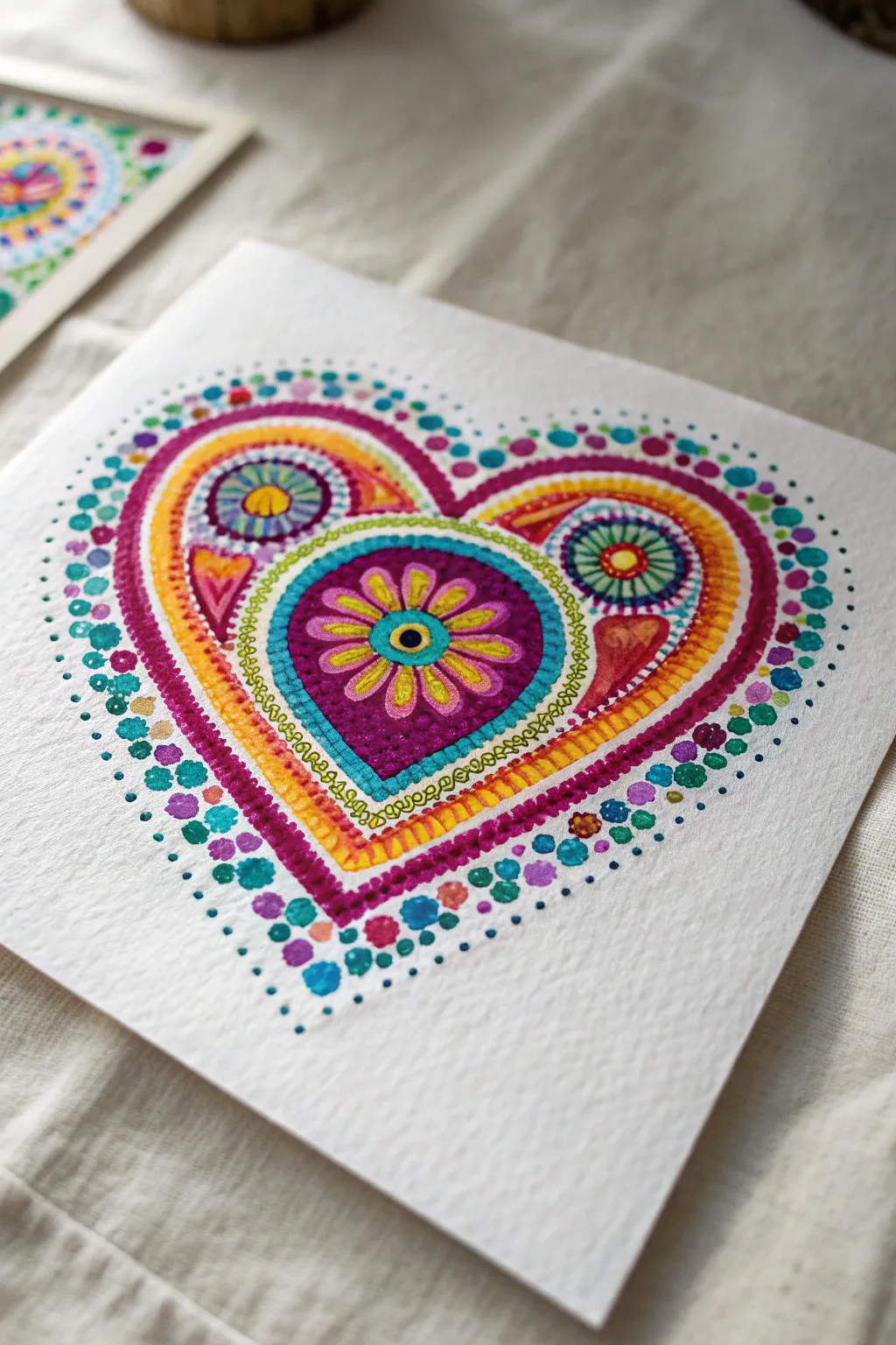 Paint a Huichol-style dot fiesta heart with bold rainbow color for an easy Cinco de Mayo craft