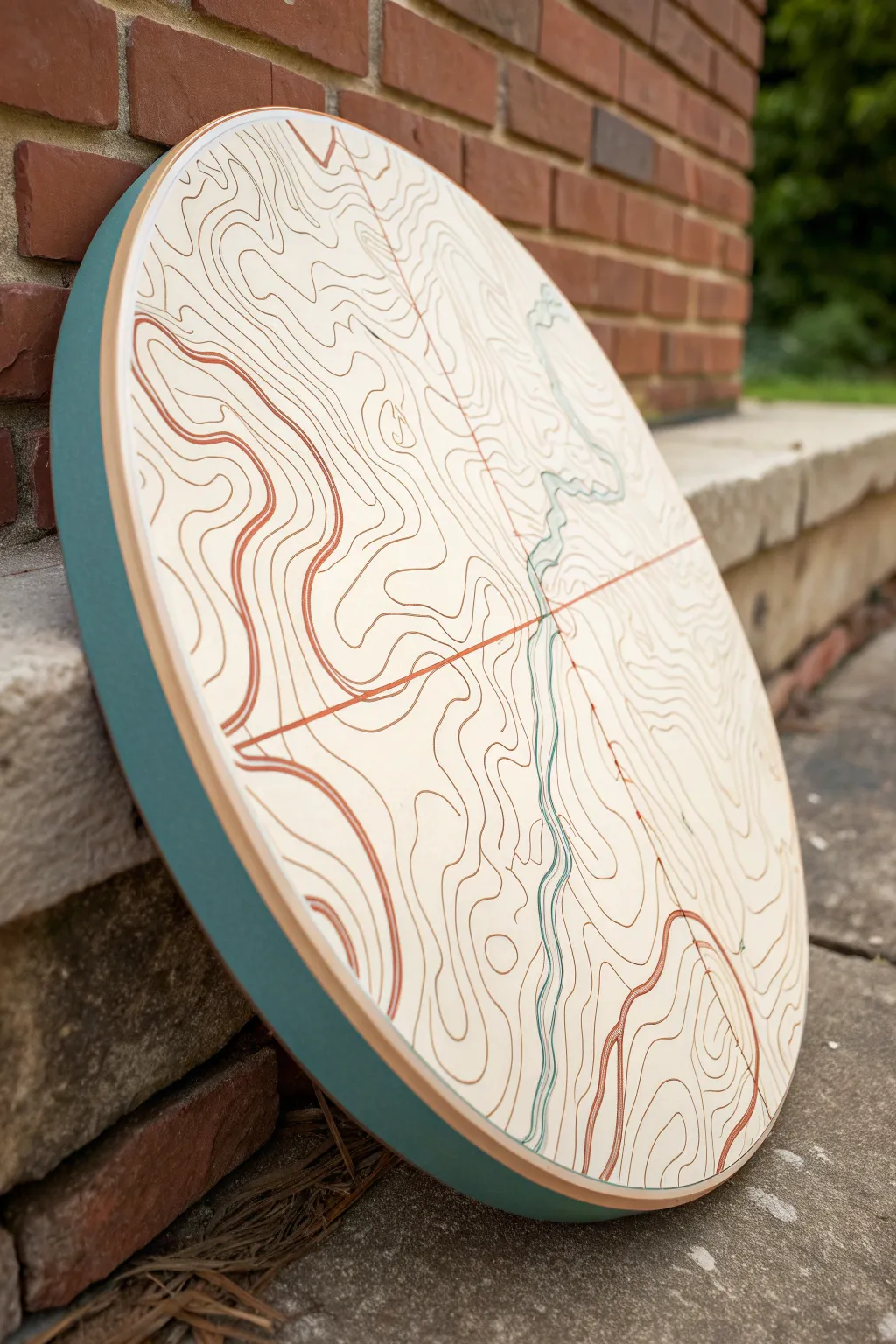 Minimalist circle canvas with bold topographic contour lines in warm neutrals and deep teal