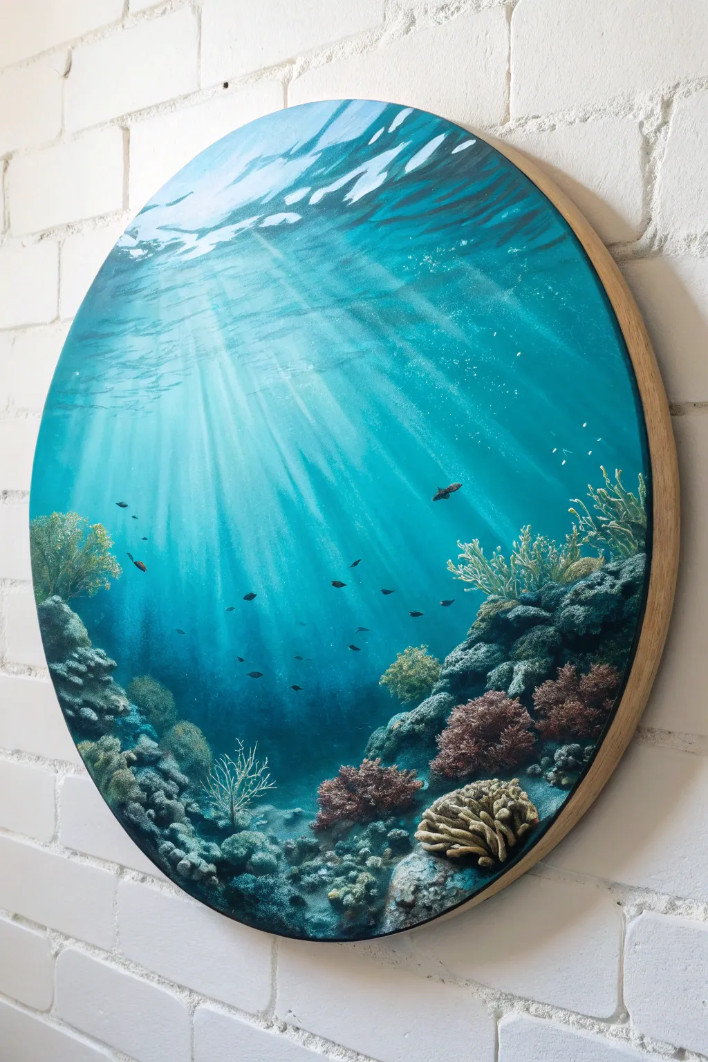 Round canvas reef scene with glowing light rays and bold turquoise depth, minimal and serene