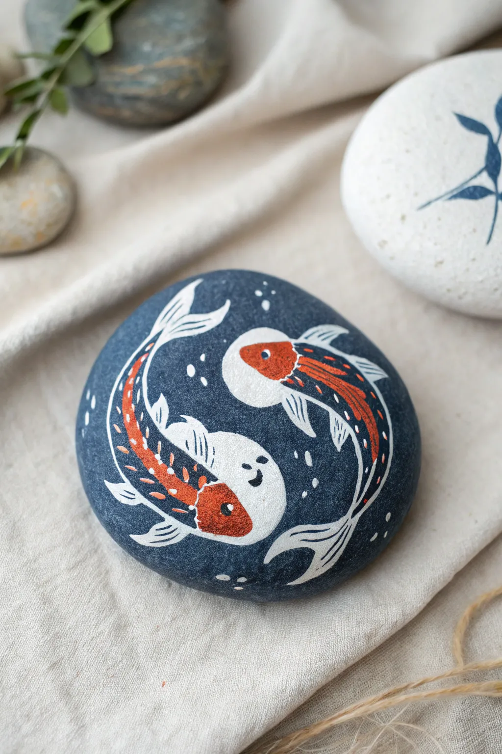 Yin-yang koi circle rock painting with bold contrast, clean minimal styling, and handmade boho calm.
