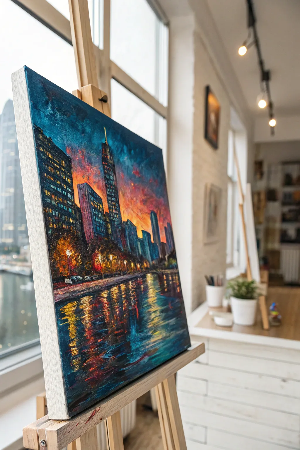 Impasto city lights on canvas: bold night colors and thick dabs that sparkle with energy.