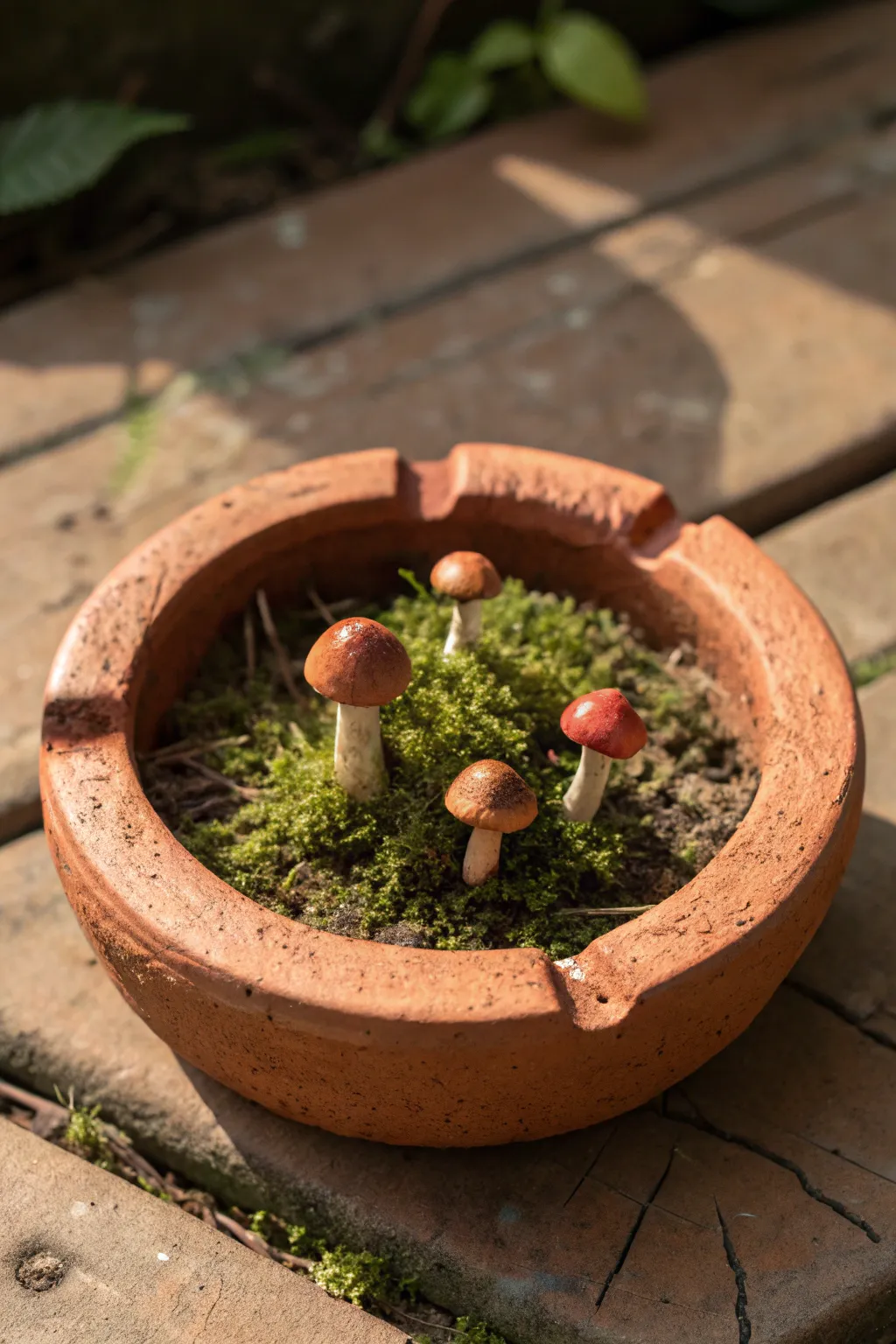 Clay mushroom garden ashtray with mossy texture and bold earthy tones in a minimalist boho style