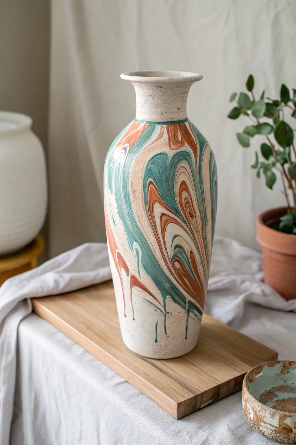 Marbled swirl paint pour on a clay vase, bold ribbons with calm Scandinavian minimal vibes.
