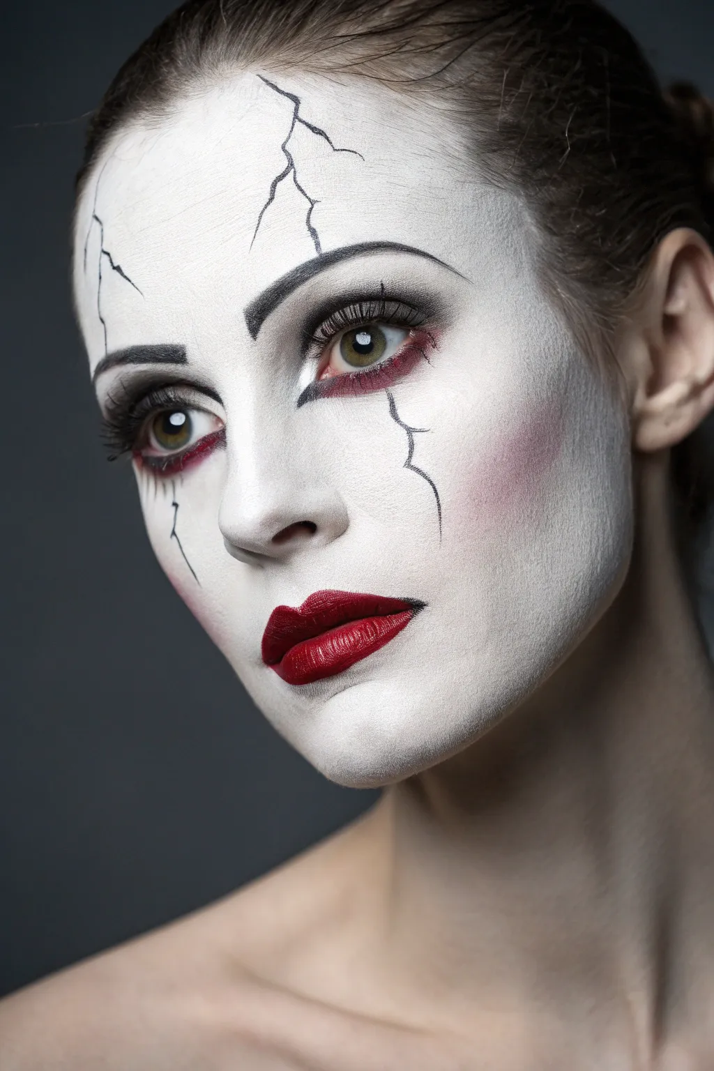 Create a hauntingly beautiful vibe with this chic broken porcelain doll makeup idea.