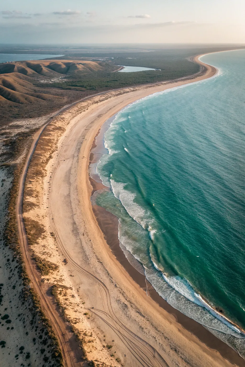 High-view S-curve coastline with dune layers and turquoise water, soft haze for dreamy depth.