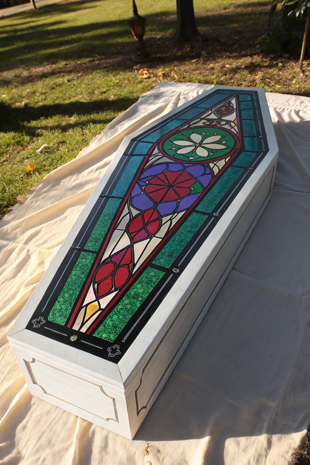 Stained-glass coffin lid illusion in jewel tones, bold lead lines, and luminous angled light