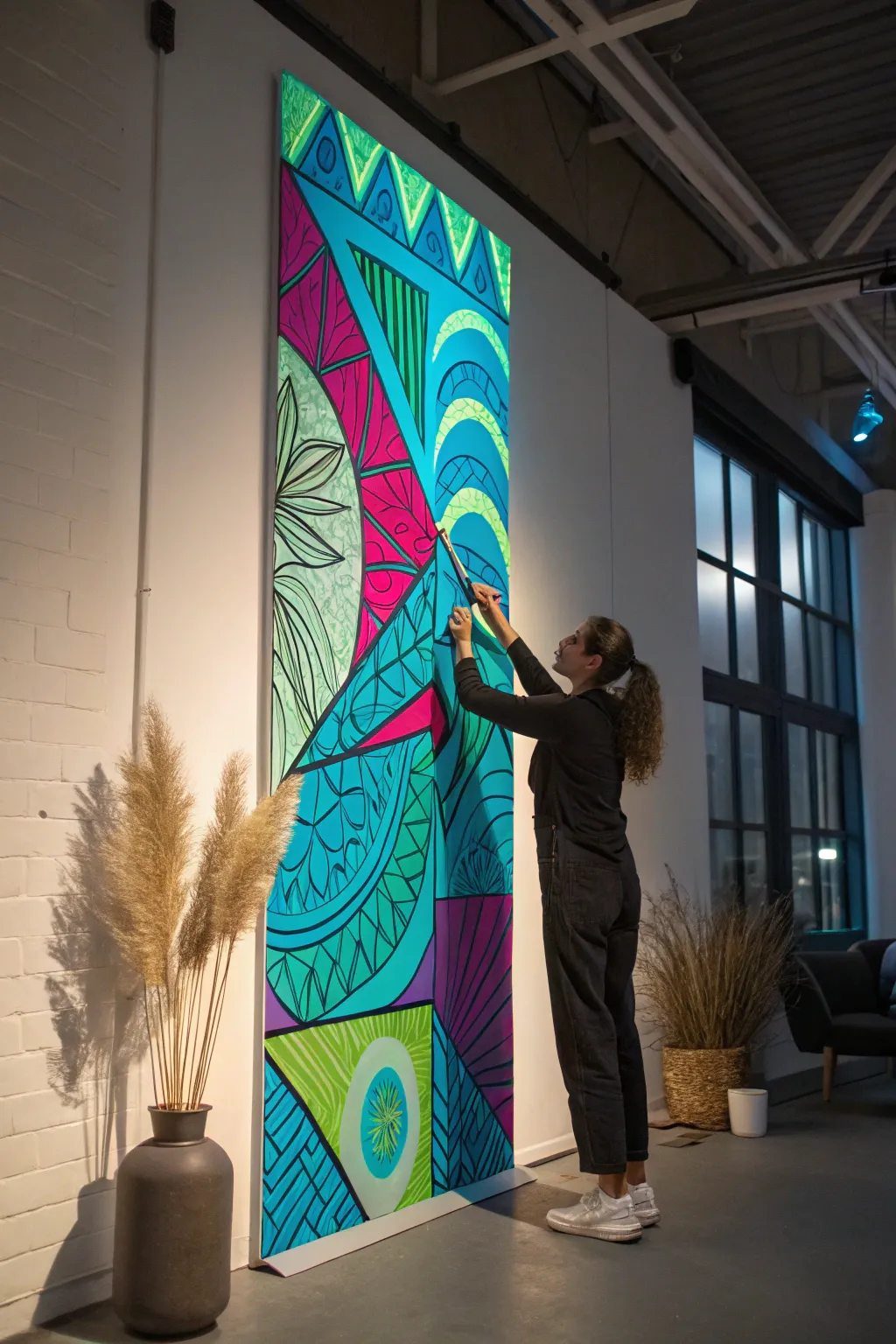 Fluorescent collaborative mural glowing under blacklight, bold color blocks in a calm minimalist studio.