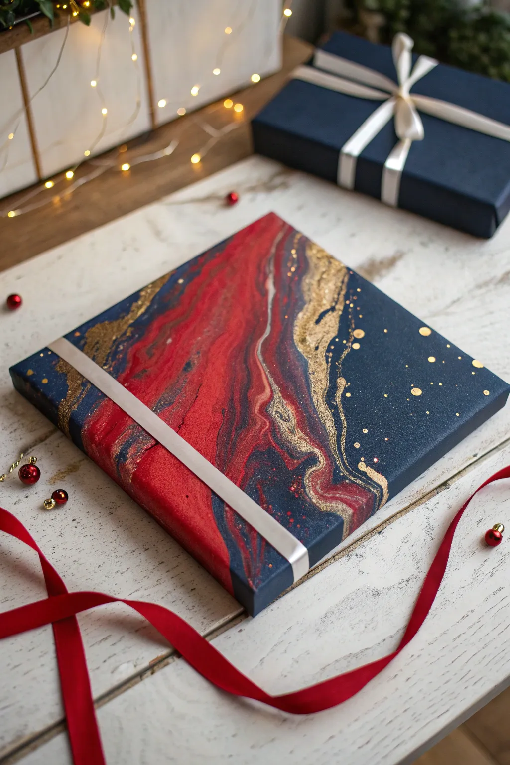 Royal pour-paint palette in navy, gold, and crimson, shown from lines to finished masterpiece.