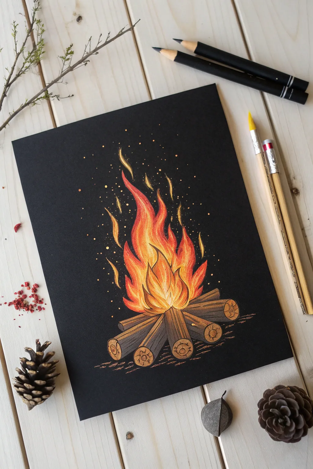 Bright colored-pencil campfire sparks glowing on black paper for dramatic nighttime contrast