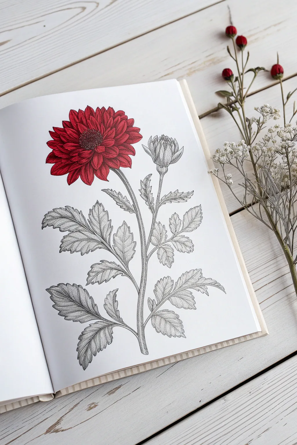 Grayscale calm with one bold red bloom, a minimalist coloring idea that instantly pops
