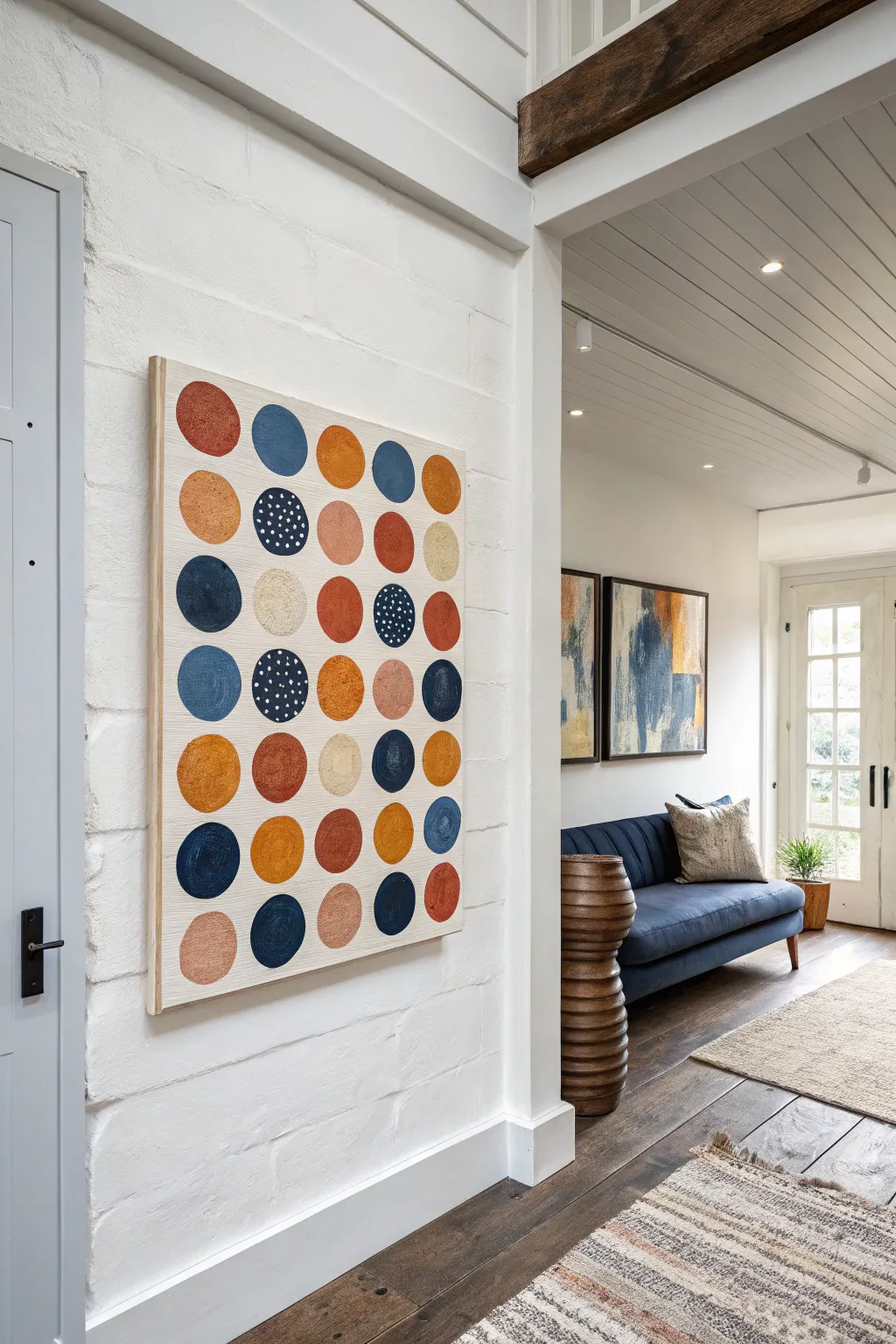 Crisp dot-grid painting idea with bold color pops and calm Scandinavian boho simplicity
