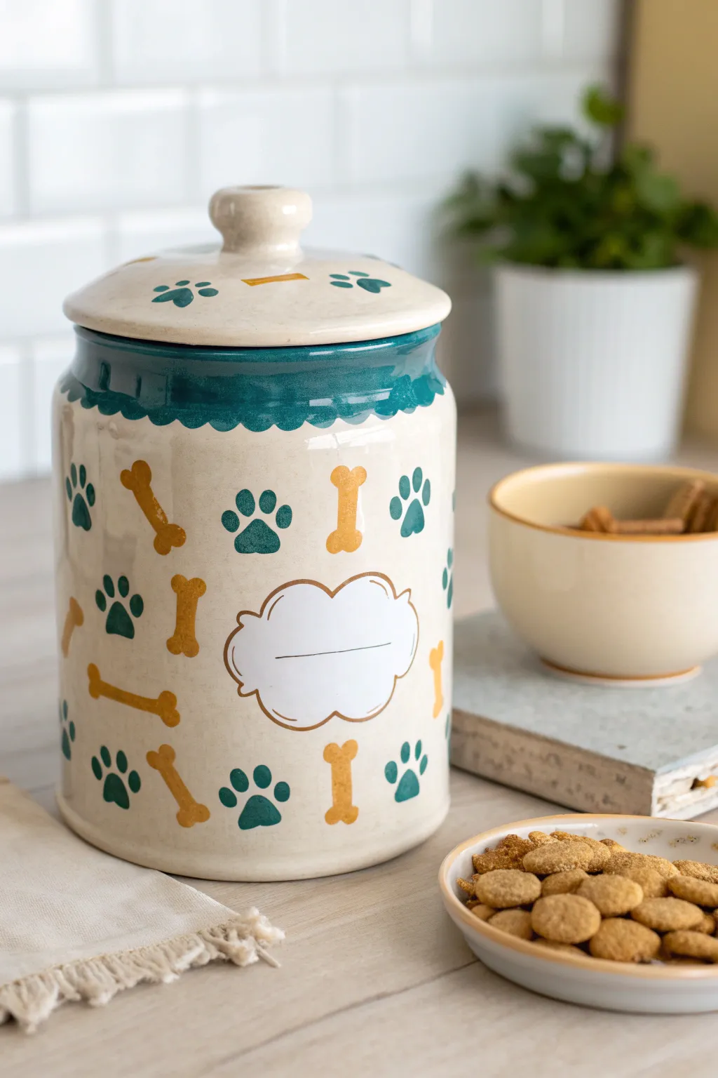 Paw print cookie jar painting idea with sweet bone motifs and a clean Scandinavian boho vibe