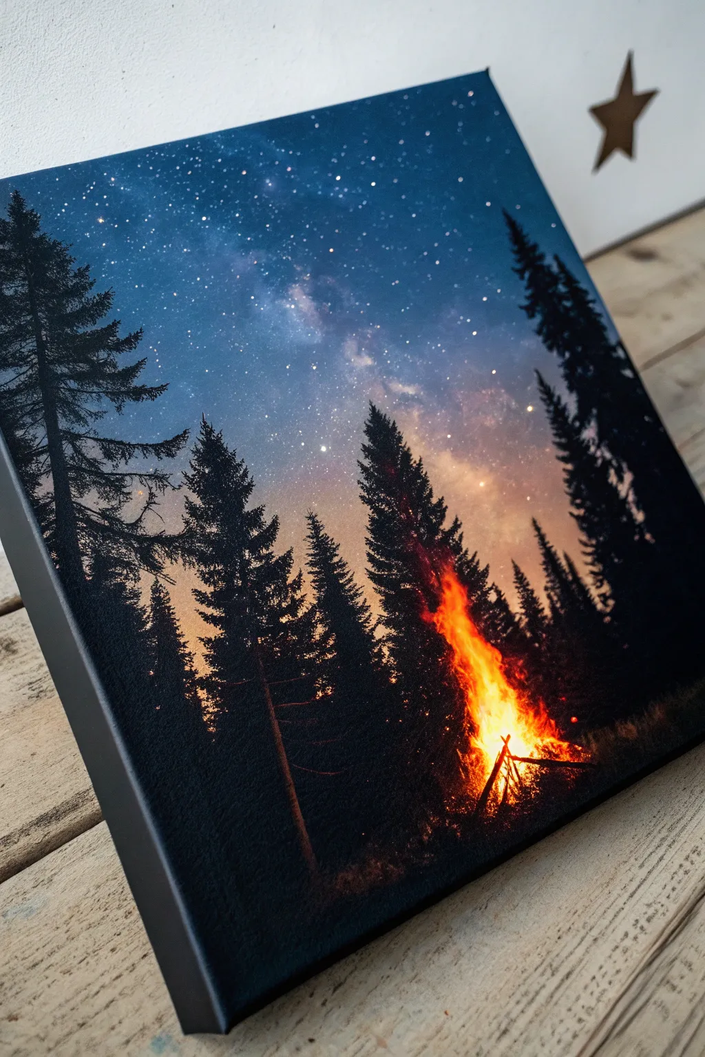 Campfire glow canvas: bold orange ember, pine silhouettes, minimalist night contrast, cozy yet rugged.