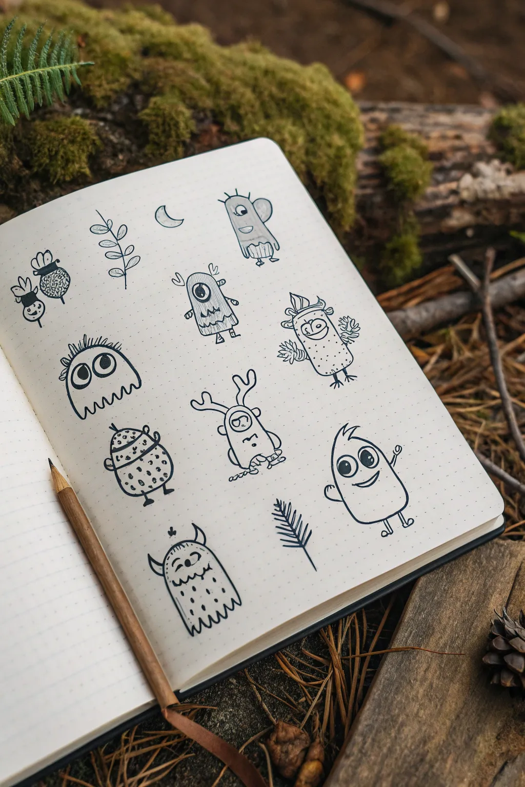 Tiny monster doodles in a crisp lineup, bold color accents, and clean minimalist Scandinavian charm.
