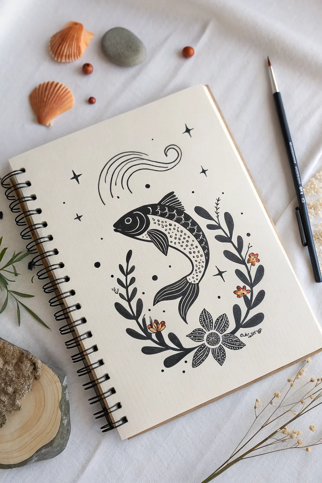 Tattoo-style fish line art framed by bold waves and boho accents for cool drawing inspo