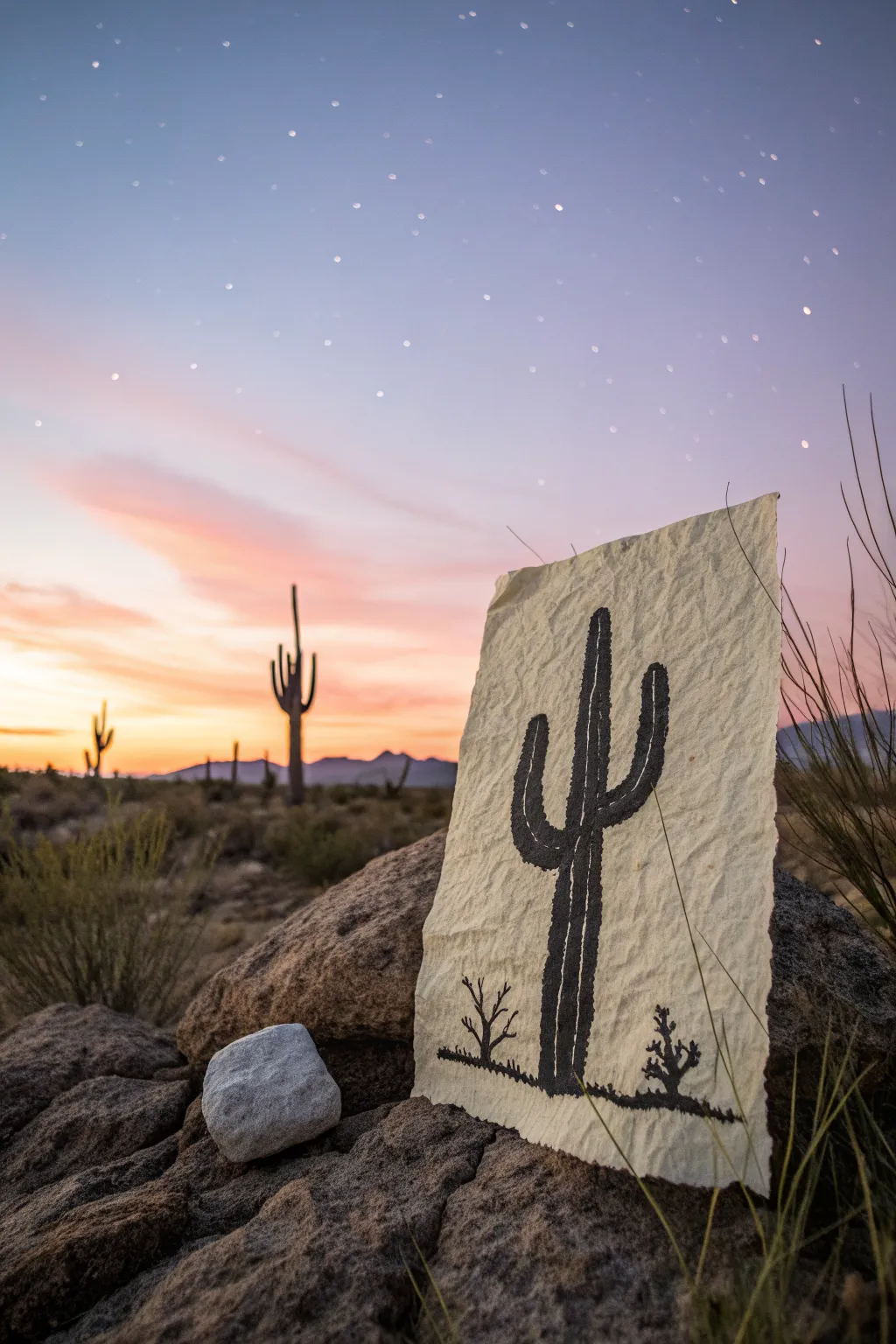 Desert silhouettes in oil pastel: cactus against a violet-to-peach twilight with first stars.
