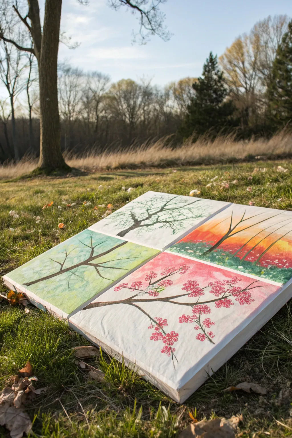 Split circle four seasons painting idea with bold color wedges and minimalist Scandinavian calm