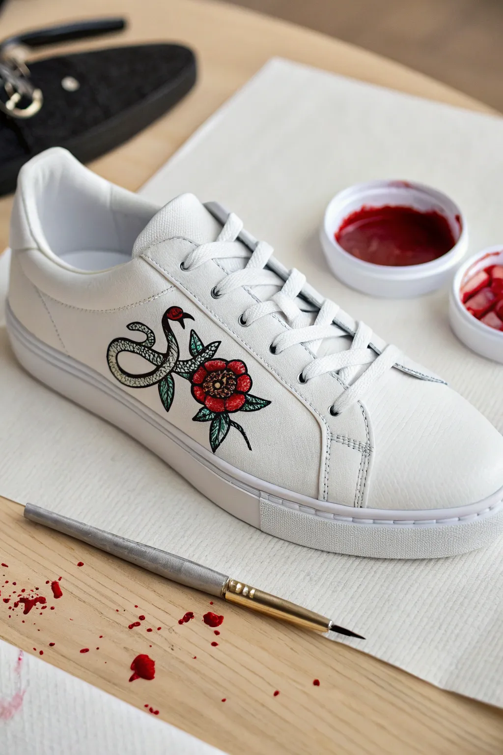 Tattoo-style black linework on white leather sneakers with bold red accents, clean and minimal