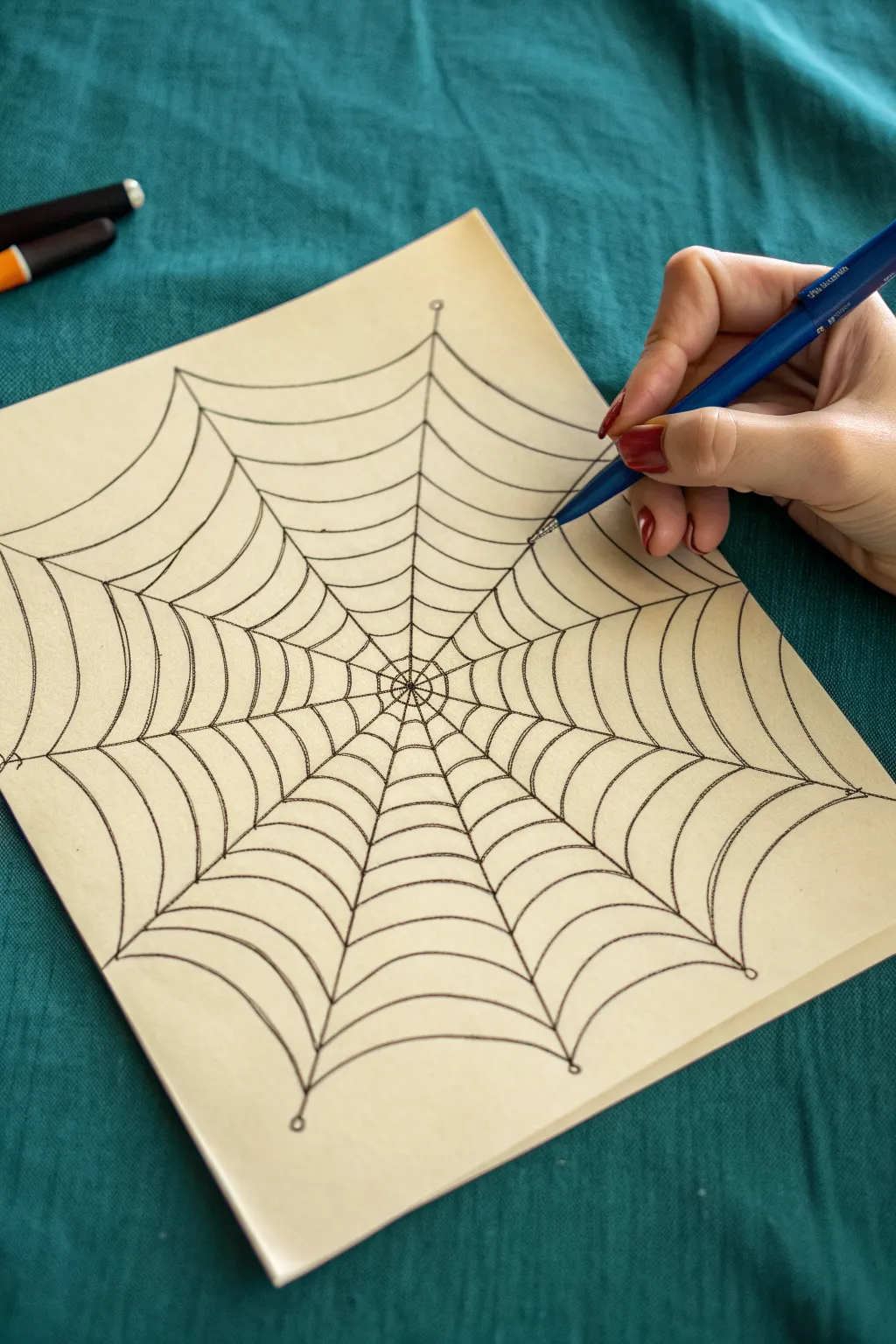 Perspective web tunnel drawing idea with bold spokes and arcs for an eye-catching 3D pull