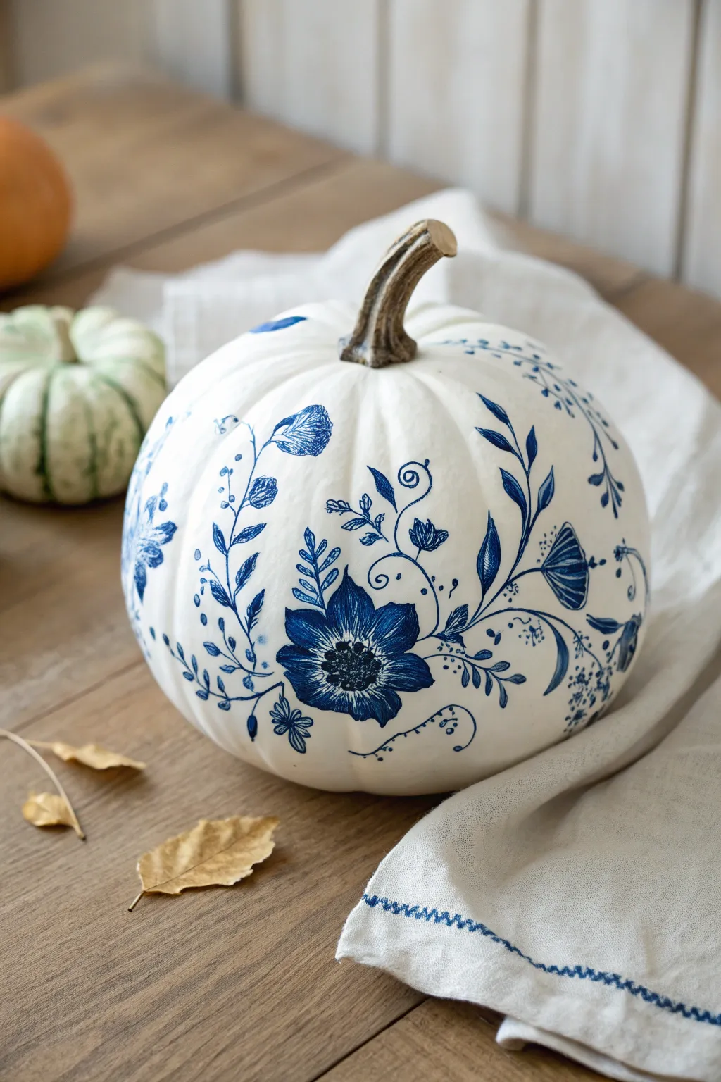 Cobalt blue porcelain florals on a crisp white pumpkin for minimalist boho fall decor