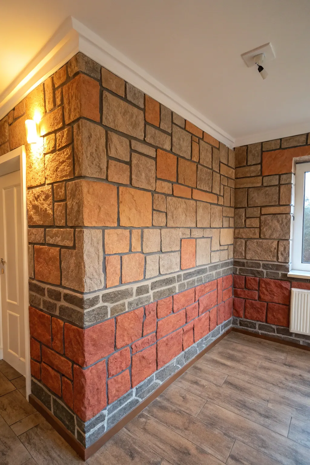 Faux brick corner paint adds cozy texture without tile, perfect for minimalist Scandinavian spaces