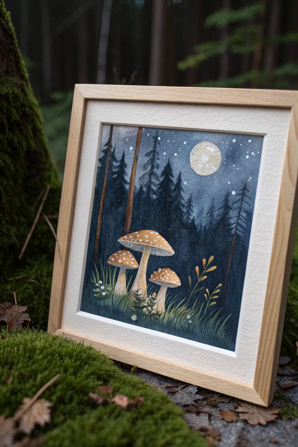 Moonlit mushrooms and firefly glow in a bold cottagecore watercolor, minimalist Scandinavian vibe