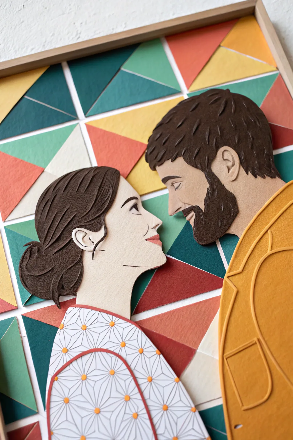 Bold paper-cutout cartoon couple collage painting with crisp layers and a textured backdrop