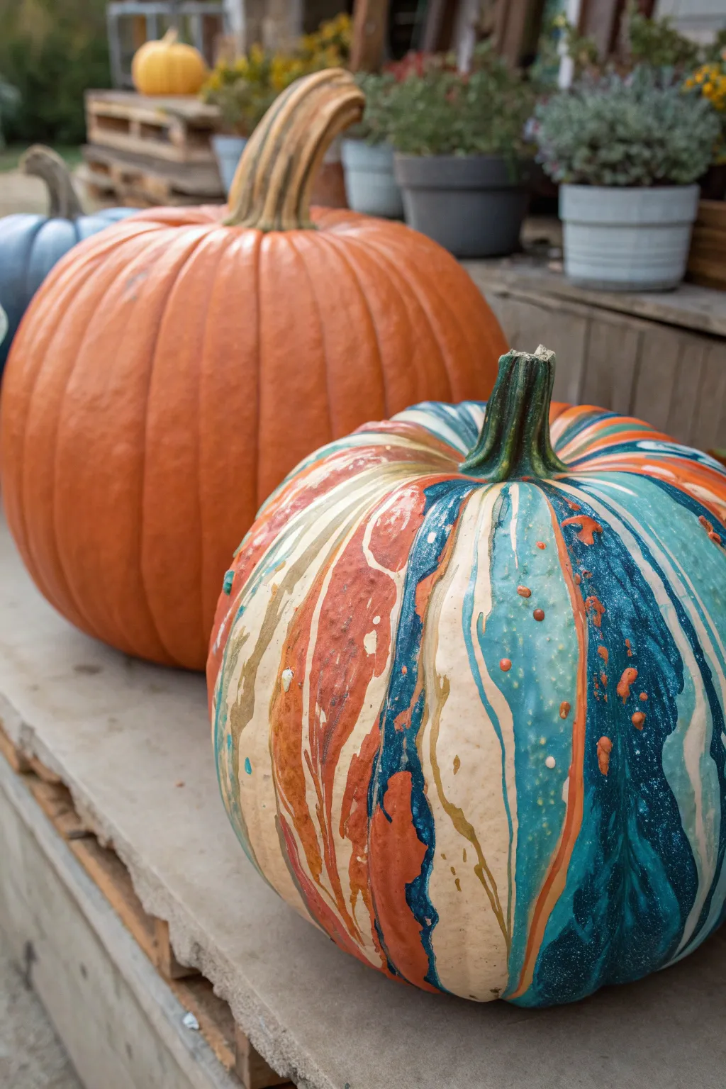Complementary paint-pour pumpkin pair with glossy drips, warm vs cool tones, minimalist boho.