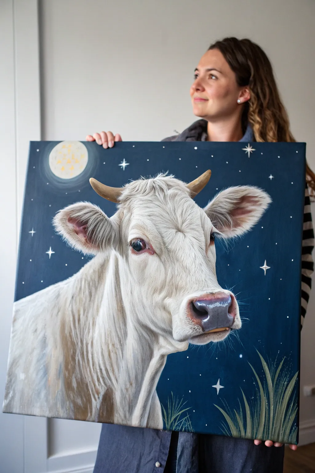Dreamy night-sky cow portrait on deep indigo canvas, star-speckled and bold yet minimalist