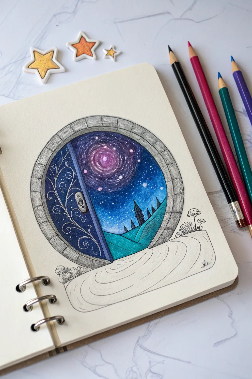 Draw a magical portal and reveal a bold fantasy world inside with simple shapes and bright colors