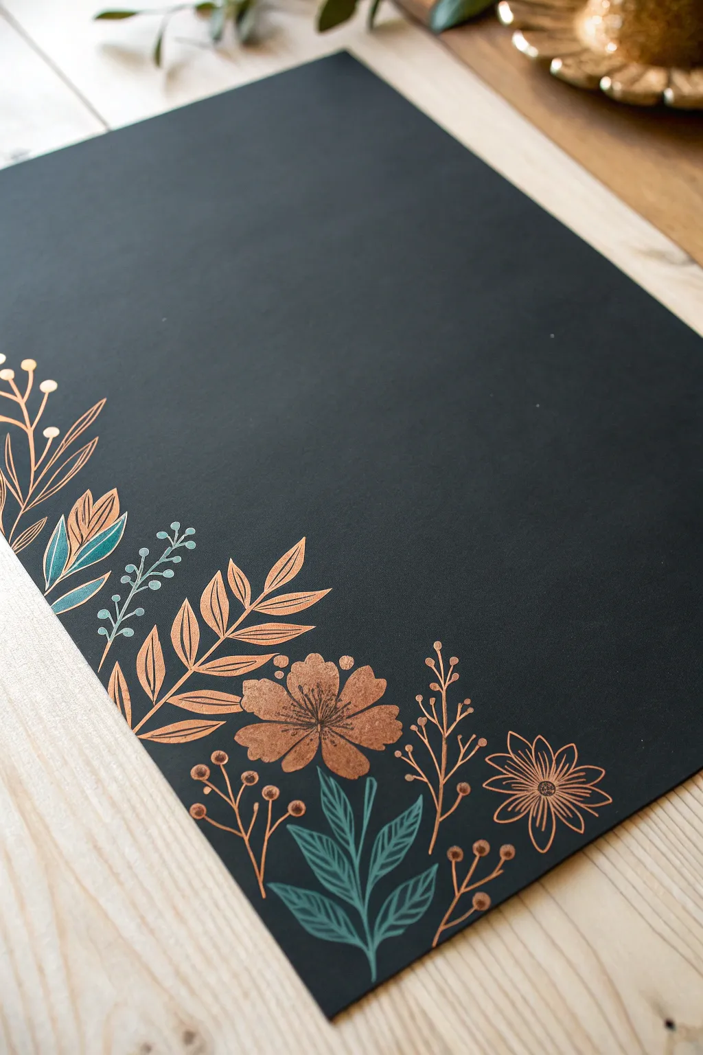 Metallic florals on velvety black paper, a minimal boho painting idea with bold shimmer.