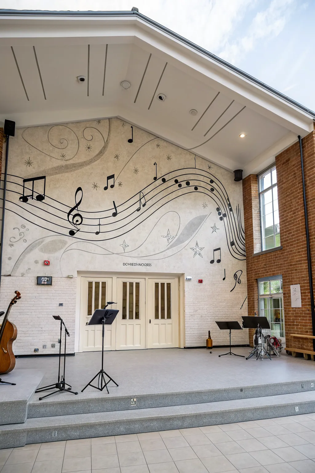 Dancing staff lines and bold notes create a calm, modern music hall mural with handmade charm