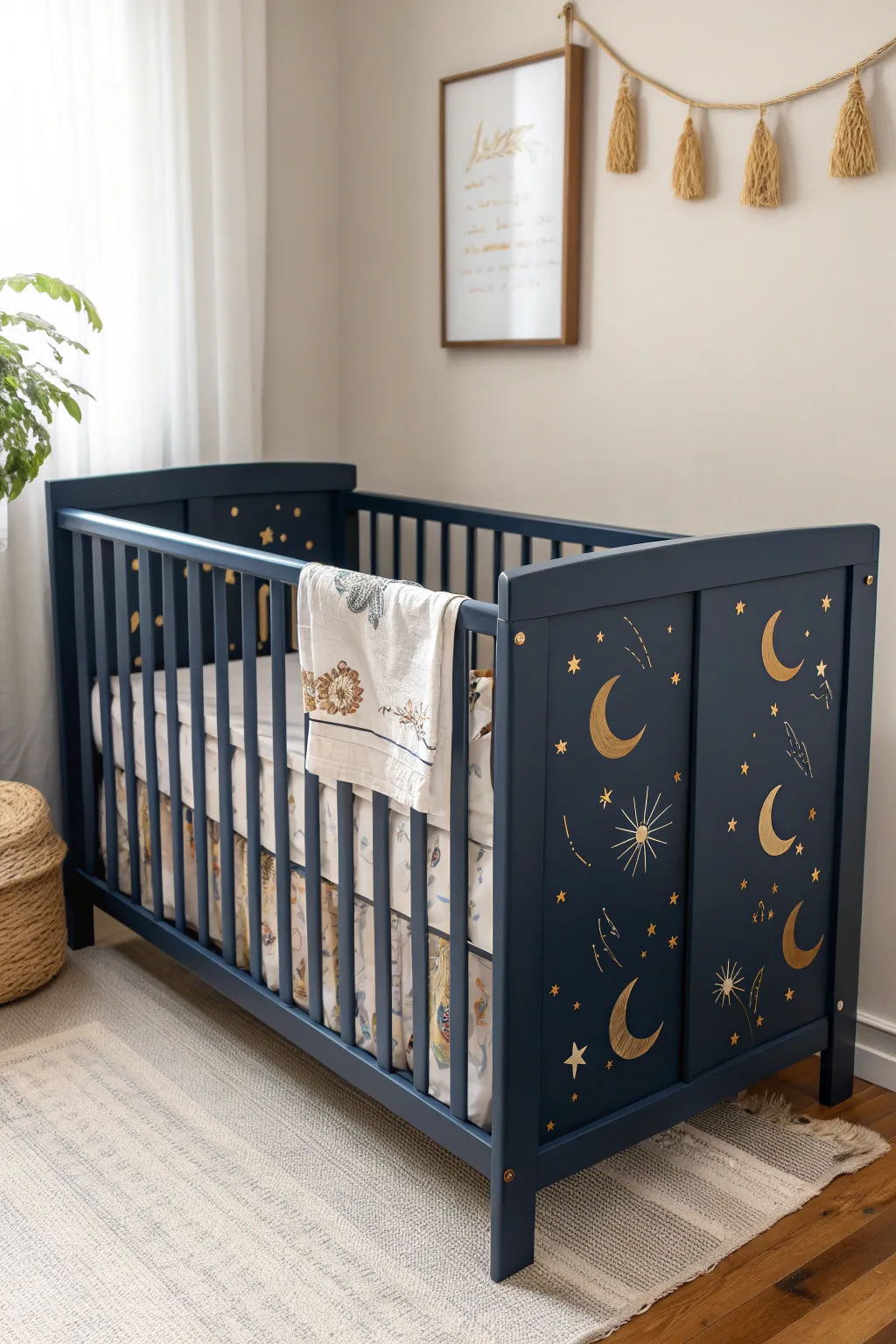 Deep navy crib with hand-painted moons and constellations, glowing softly in warm evening light