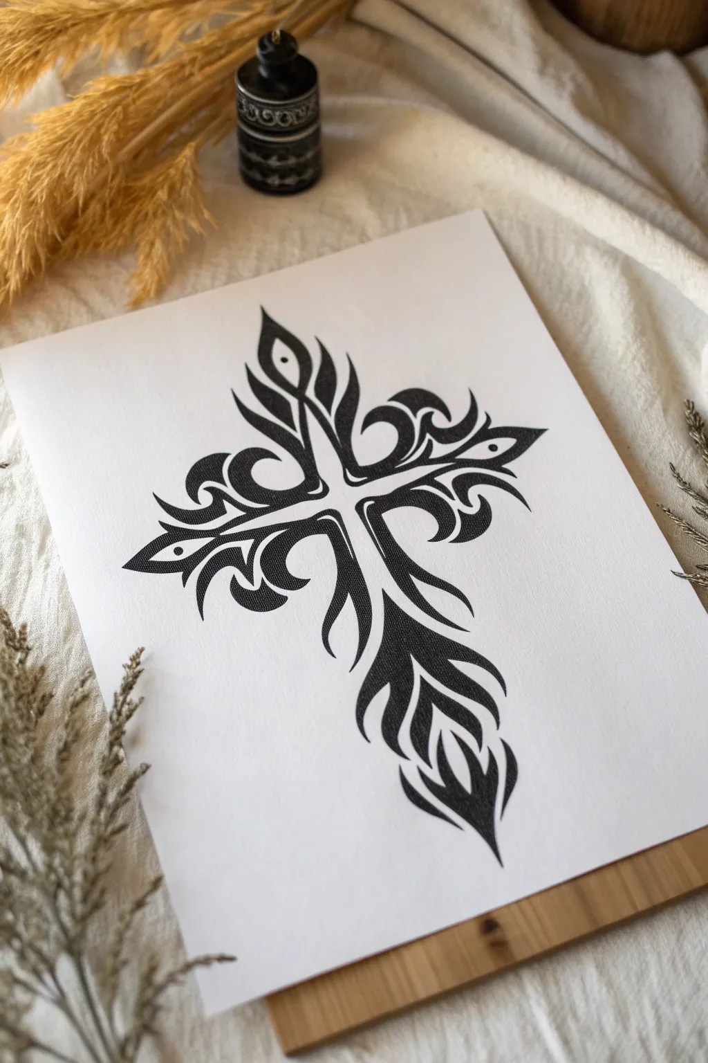 Bold tribal flame cross in sweeping black curves, minimalist and striking for your sketchbook.