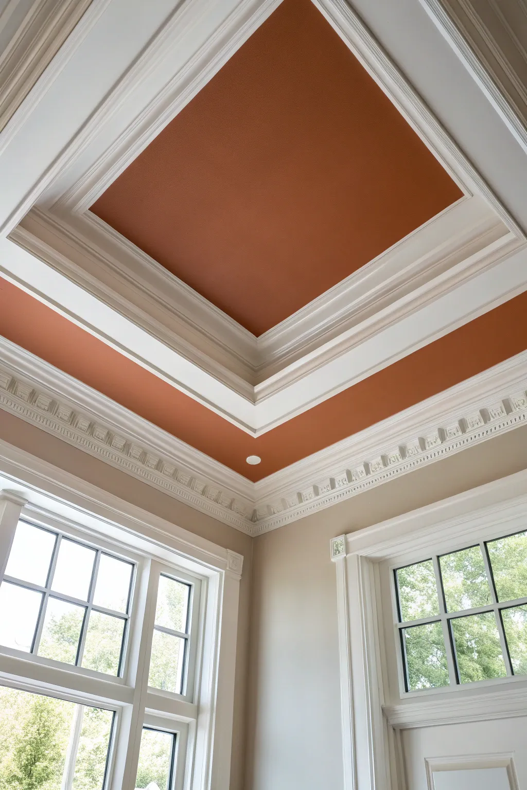 Two-tone crown molding on a tray ceiling adds instant depth with crisp Scandinavian contrast