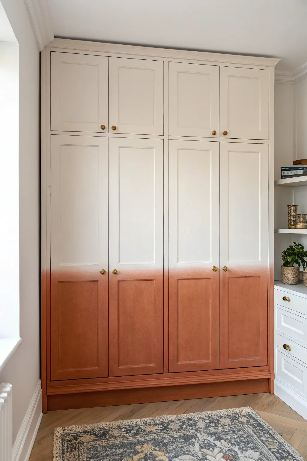 Ombre cupboards fade from airy to bold, blending Scandinavian calm with a boho pop.