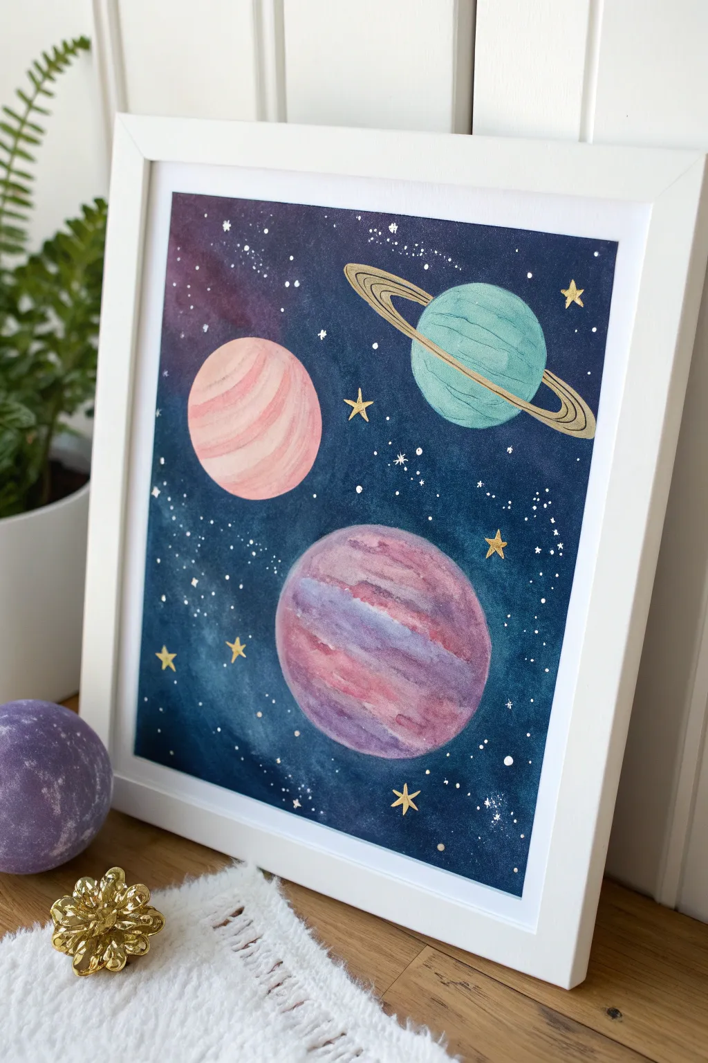 Mini planet acrylic painting idea: pastel worlds, simple ring, and dreamy splatter stars