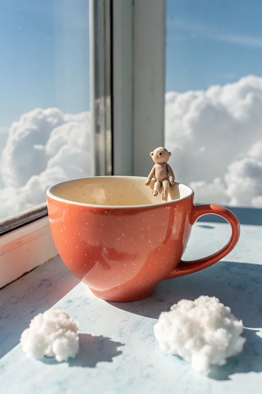 Surreal cute mash-up: tiny character in a floating teacup, minimalist Scandinavian boho pop