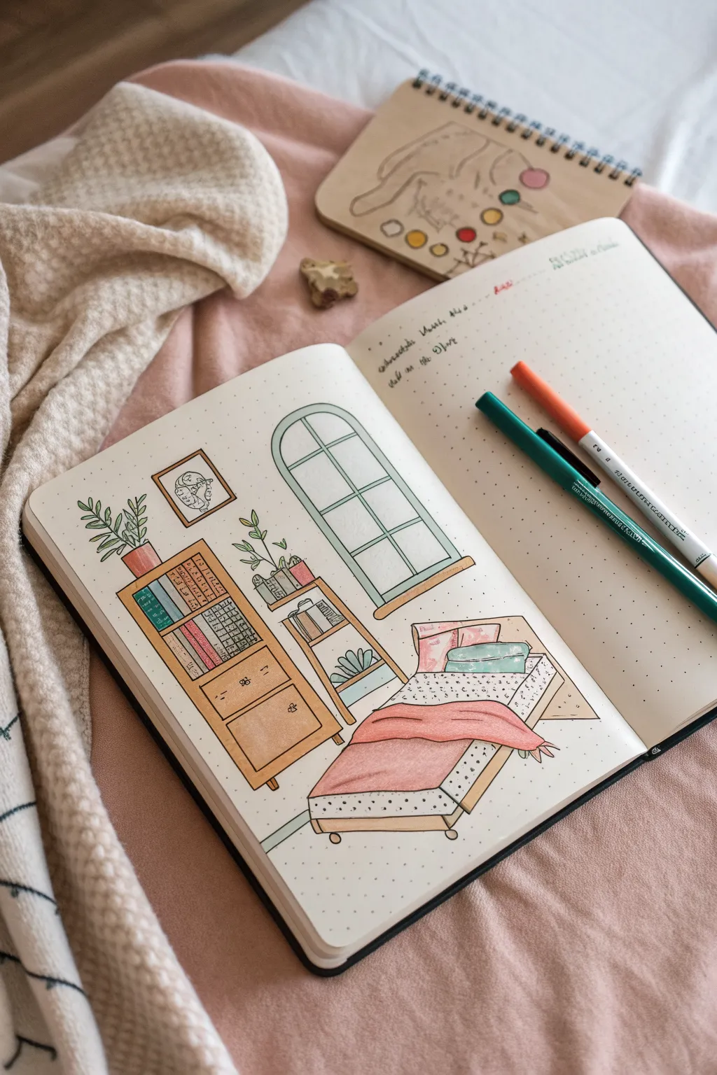 Dollhouse cutaway bedroom sketch: a single cute room view with bold colors and cozy minimal details