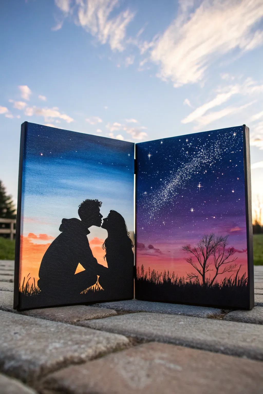 Paint a day-to-night diptych: same couple silhouette, two skies, one love story to share.