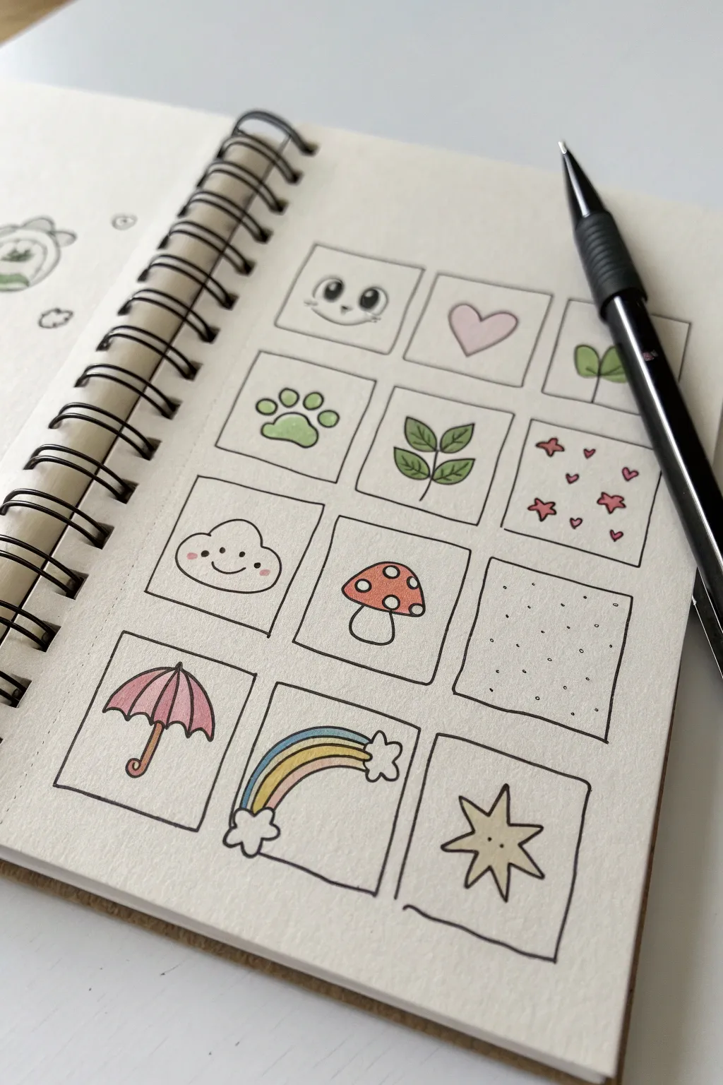 Crisp grid sketchbook page of tiny cute doodle ideas in bold soft colors, minimalist and boho.