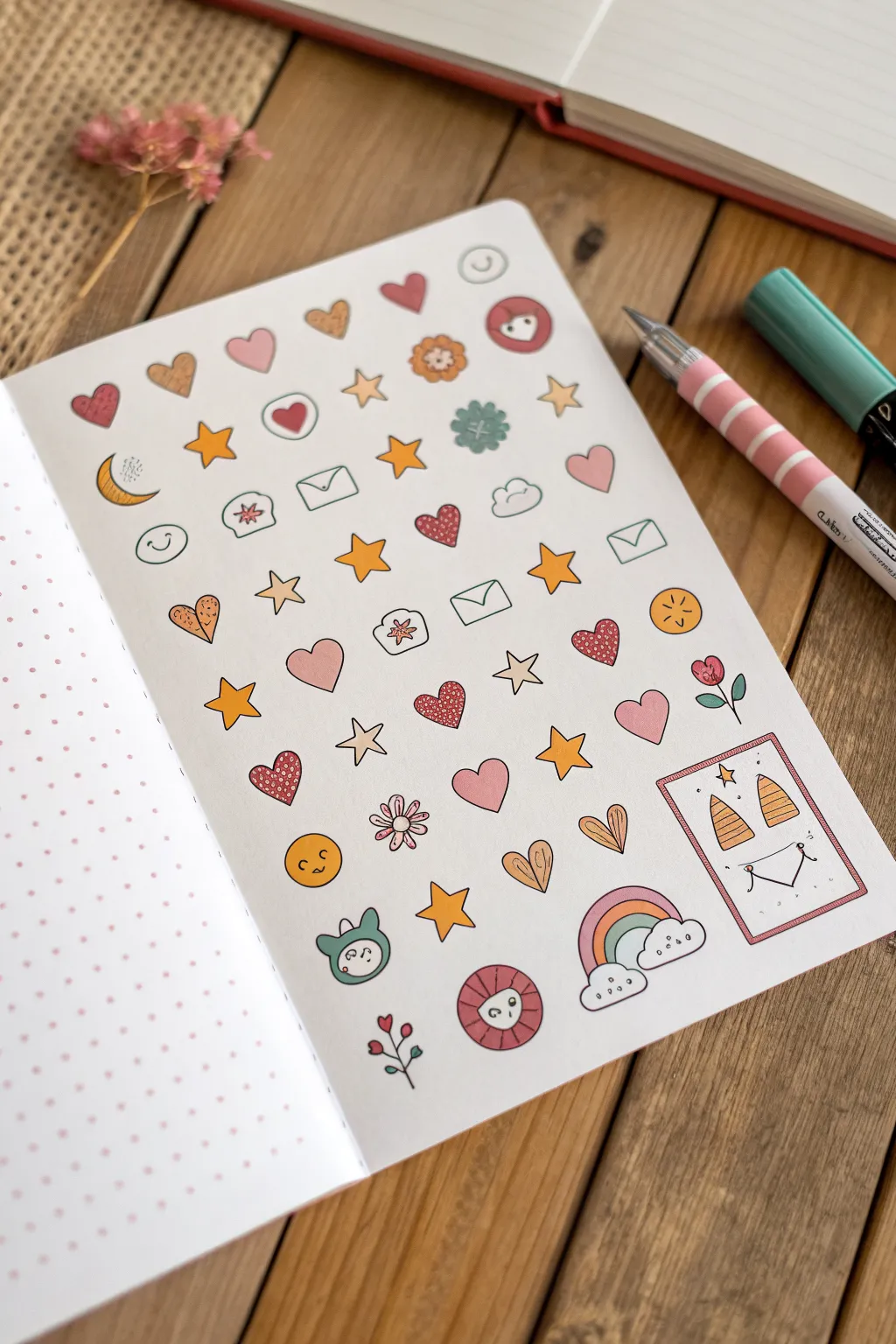 Sticker-sheet doodle inspo: cute icons in a cohesive palette for your next sketch page