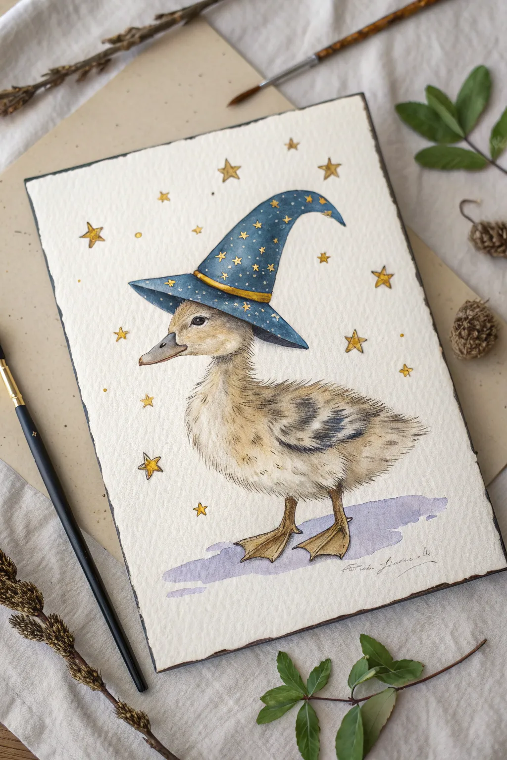 Cute wizard duck drawing on textured paper with a starry hat and tiny wand in bold Nordic boho style