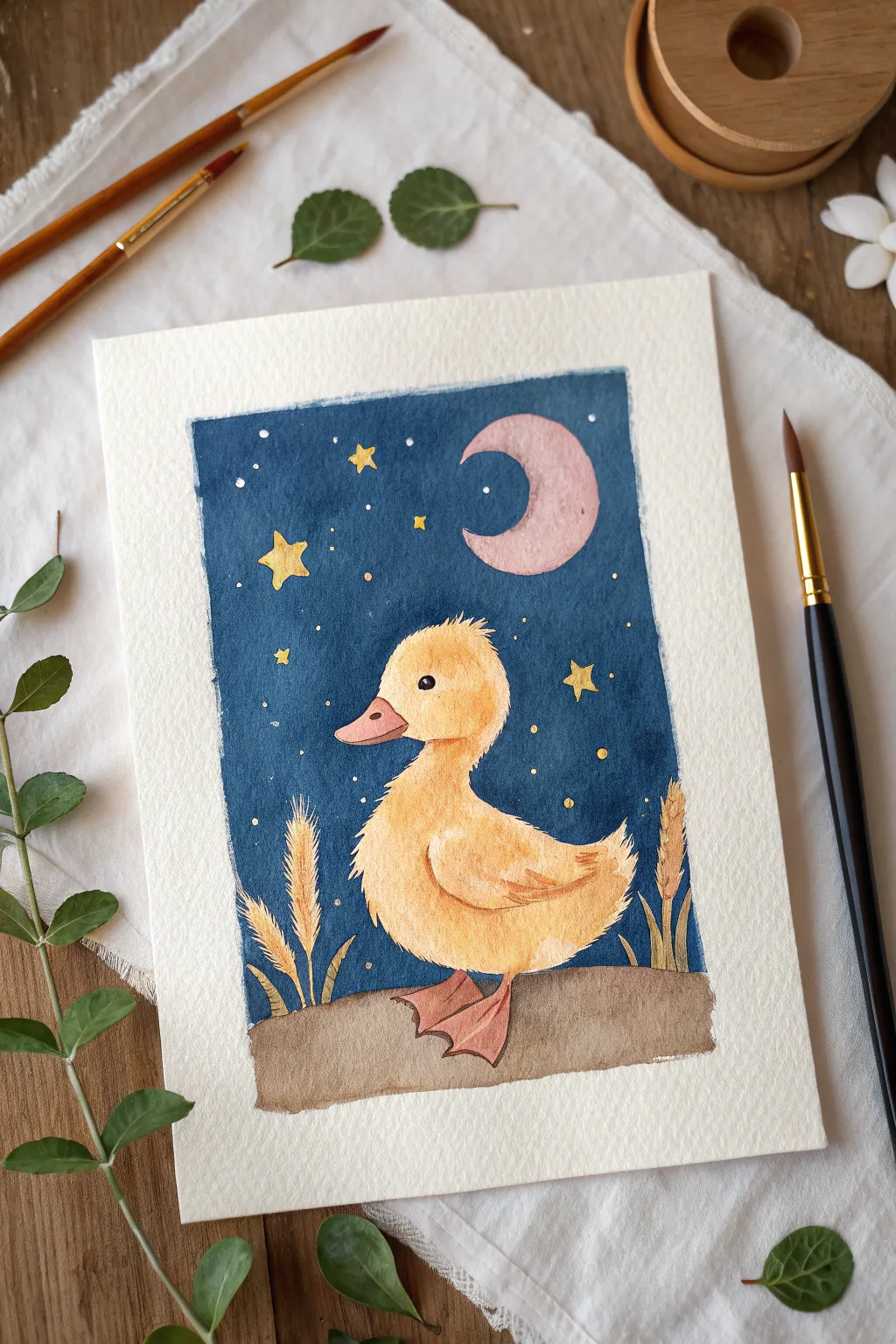 Night-sky duckling painting: warm golden duck under indigo sky with tiny stars and moon glow.