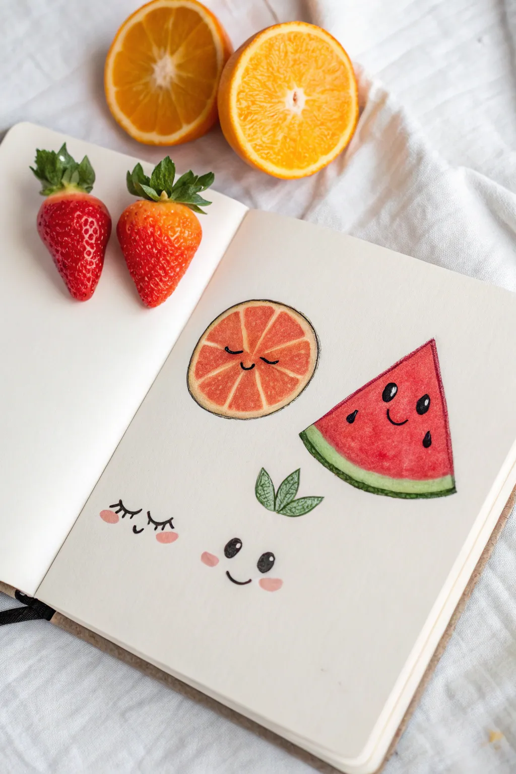 Smiling fruit slice mini set doodles: strawberry, orange, and watermelon, bold outlines, super easy.