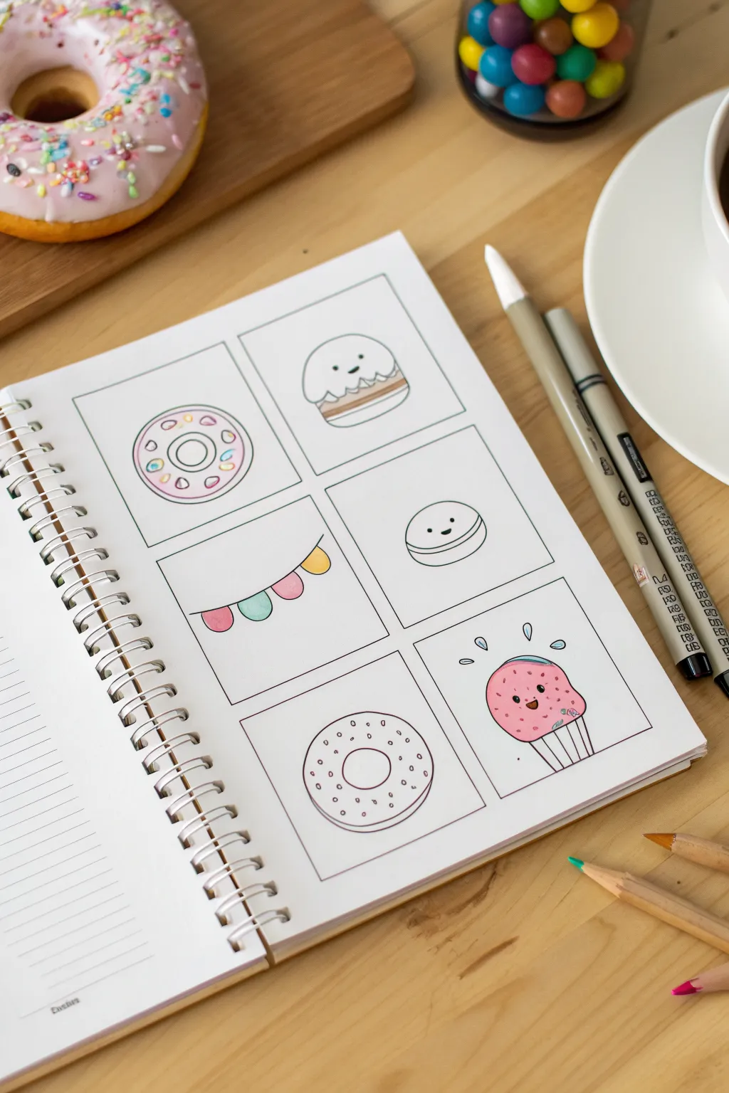 7-panel step-by-step smiling donut doodle with bold sprinkles, simple lines, and cozy minimalist style