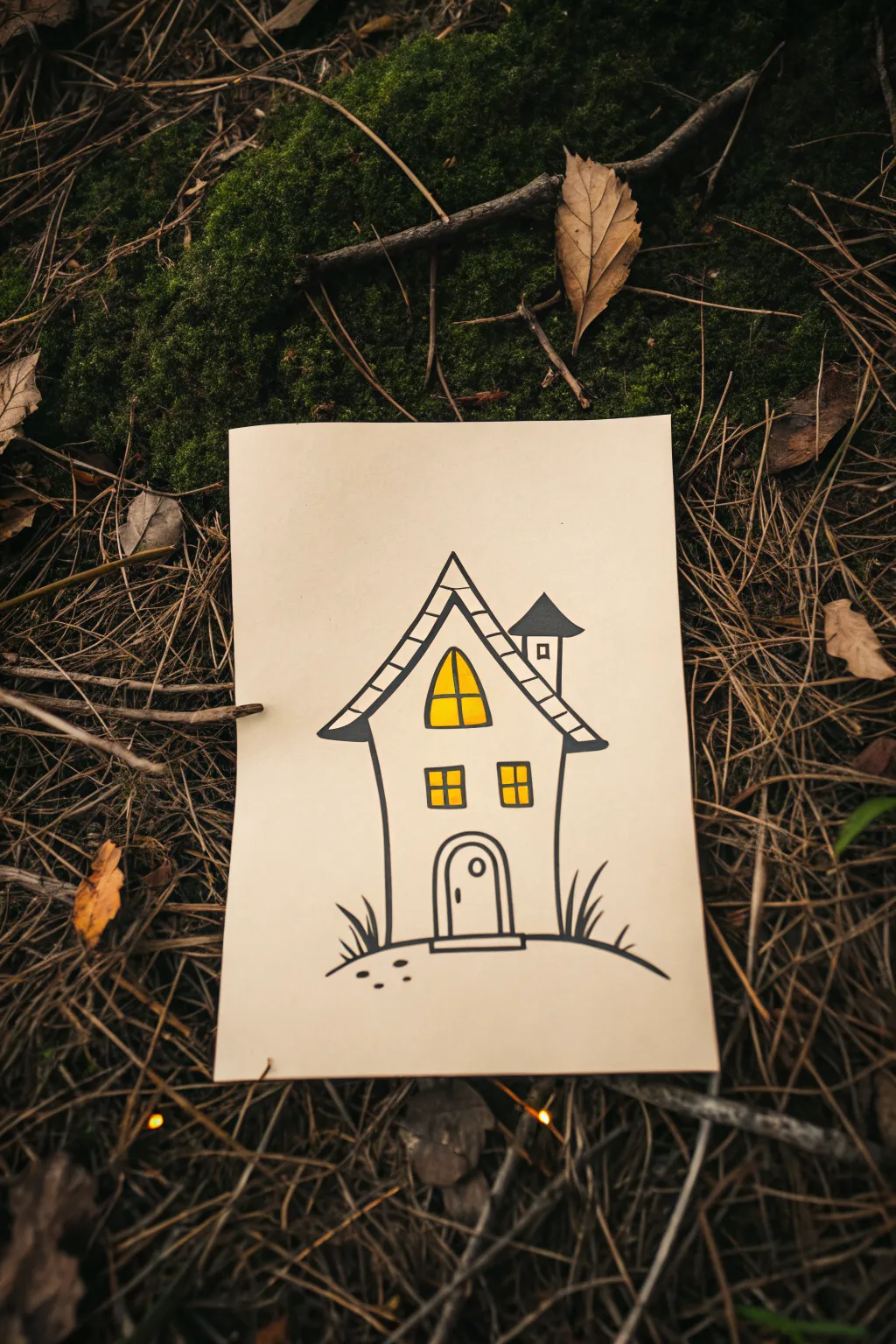 Tiny haunted house drawing with glowing windows, minimalist Halloween doodle you can copy.