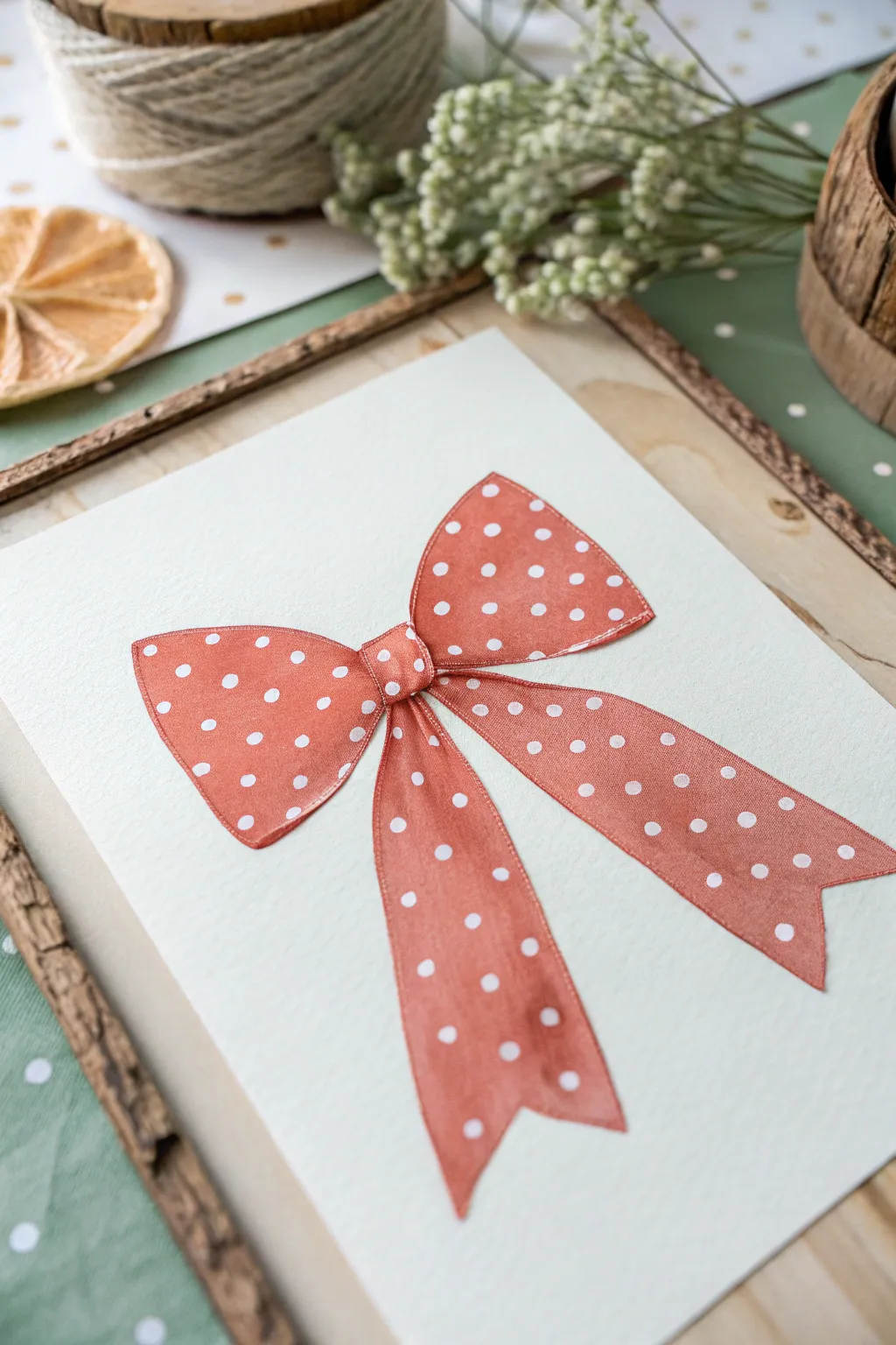 Cute polka dot bow painting in bold coral on soft sage, minimalist and sweet gift-tag vibe