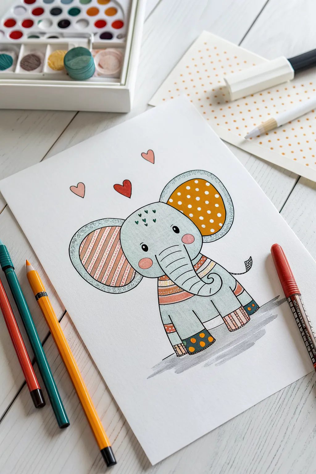Minimal elephant with bold patchwork ears in polka dots, stripes, and tiny hearts for boho pop